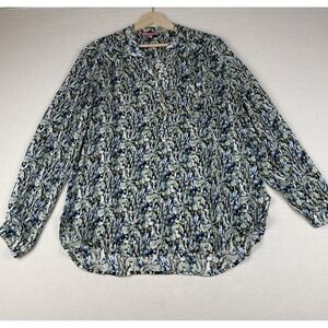 Nikkies Threads Womens Large Black Multi-Color Blouse Tunic Roll-Tab Sleeves Top